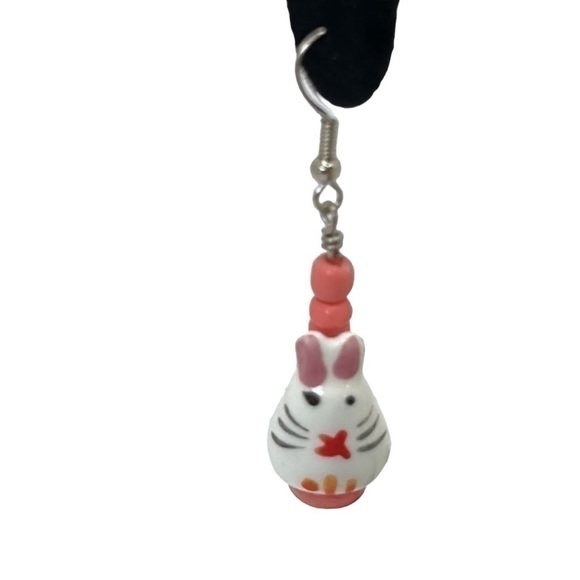 Handmade Ceramic & Glass Orange/Pink Silver Bunny Dangle Earrings - Picture 2 of 2